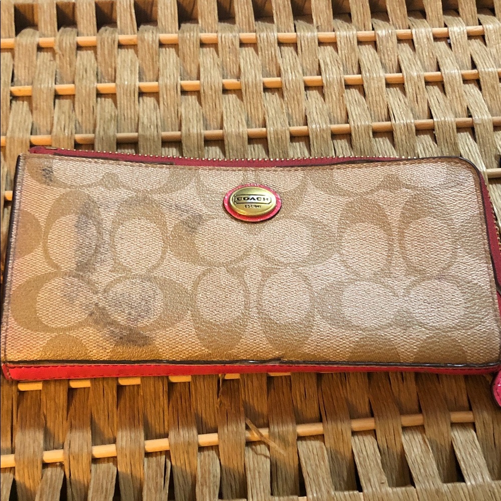 Coach Signature Canvas Long Wallet in Brown with Pink Trim